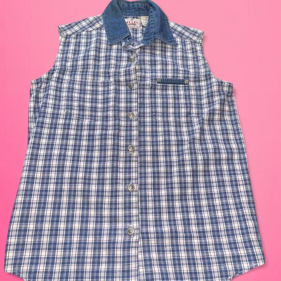 Vintage blue & white plaid button up blouse - Picture 3 of 8